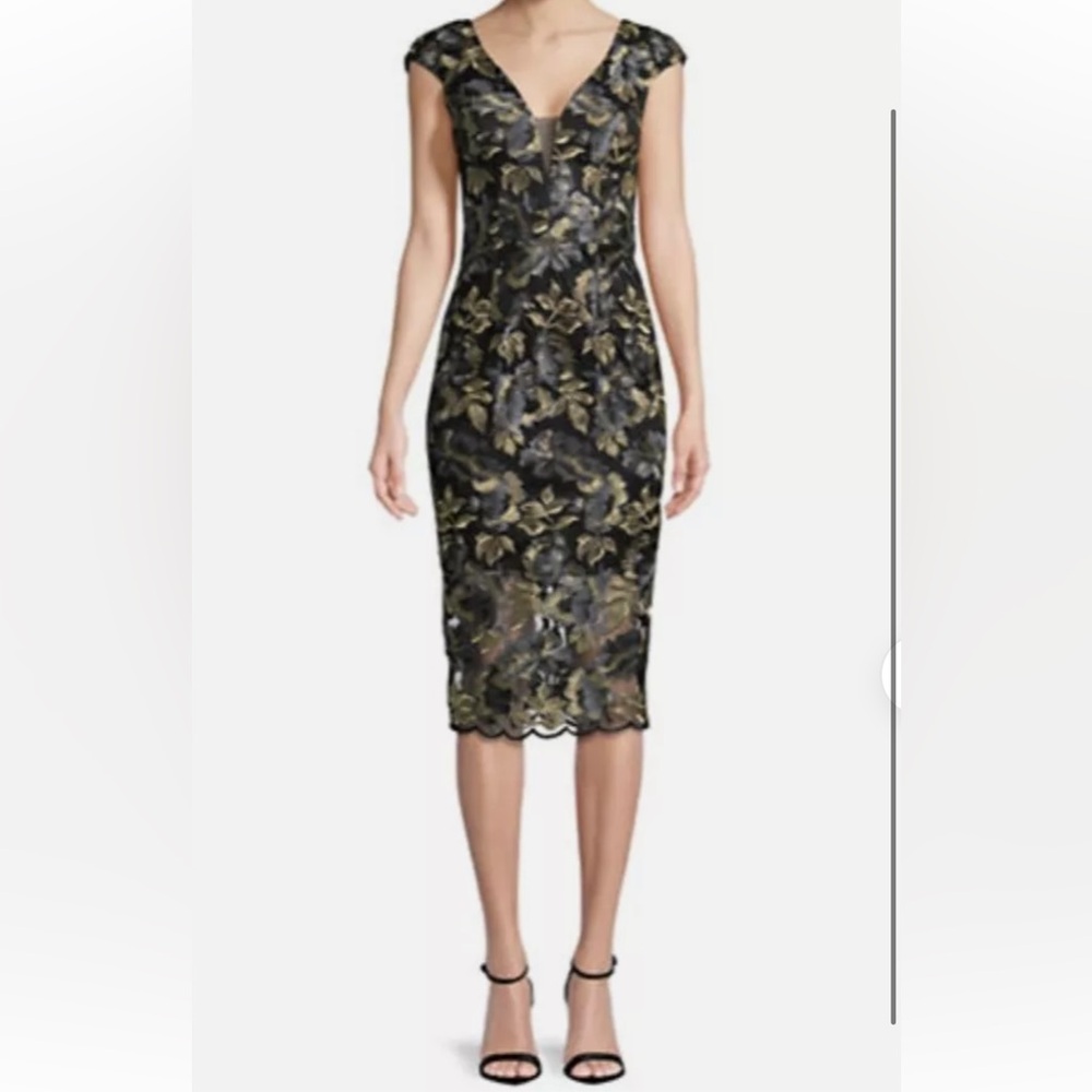 Xscape 3D Floral Embroidered V Neck Sleeveless Midi Black & Gold Dress Size 6